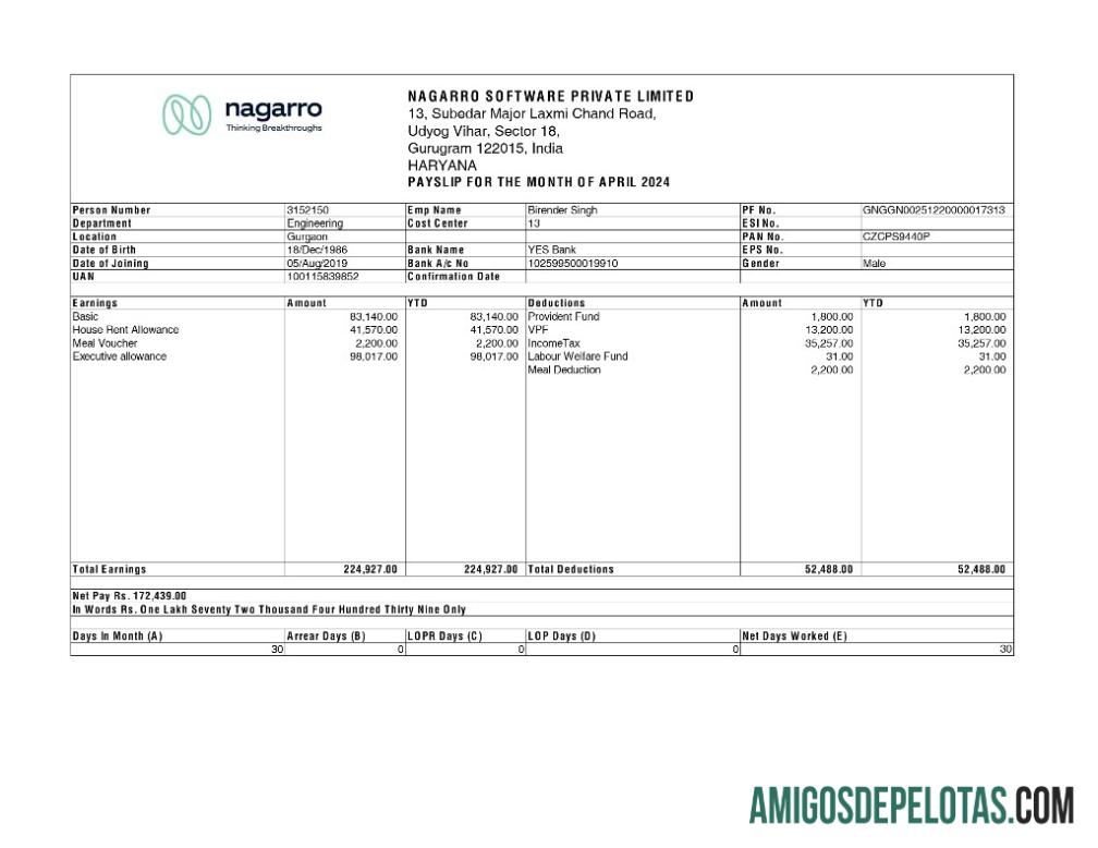 Para download Modelo de recibo de pagamento da Nagarro Software em formatos Word e PDF.pdf, 1